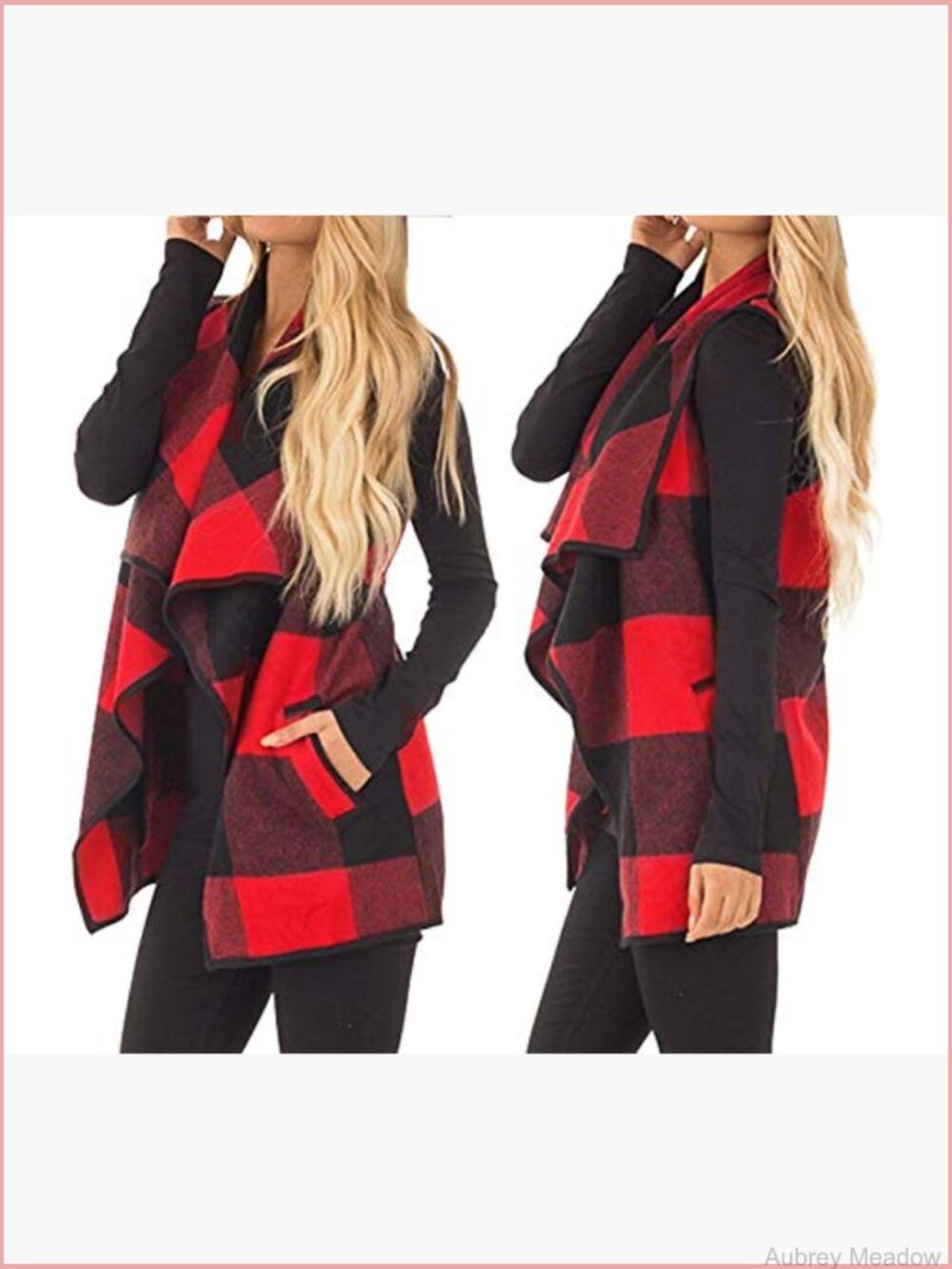 Sleeveless Buffalo Plaid Vest Jacket with Pockets Open Front Cardigan - Picture 6 of 7